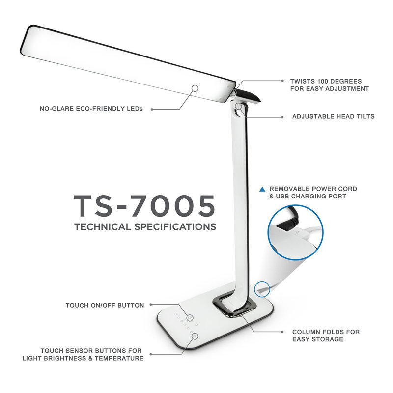 MountIt! LED Desk Lamp With USB Charging Port Dimmable Touch Controls